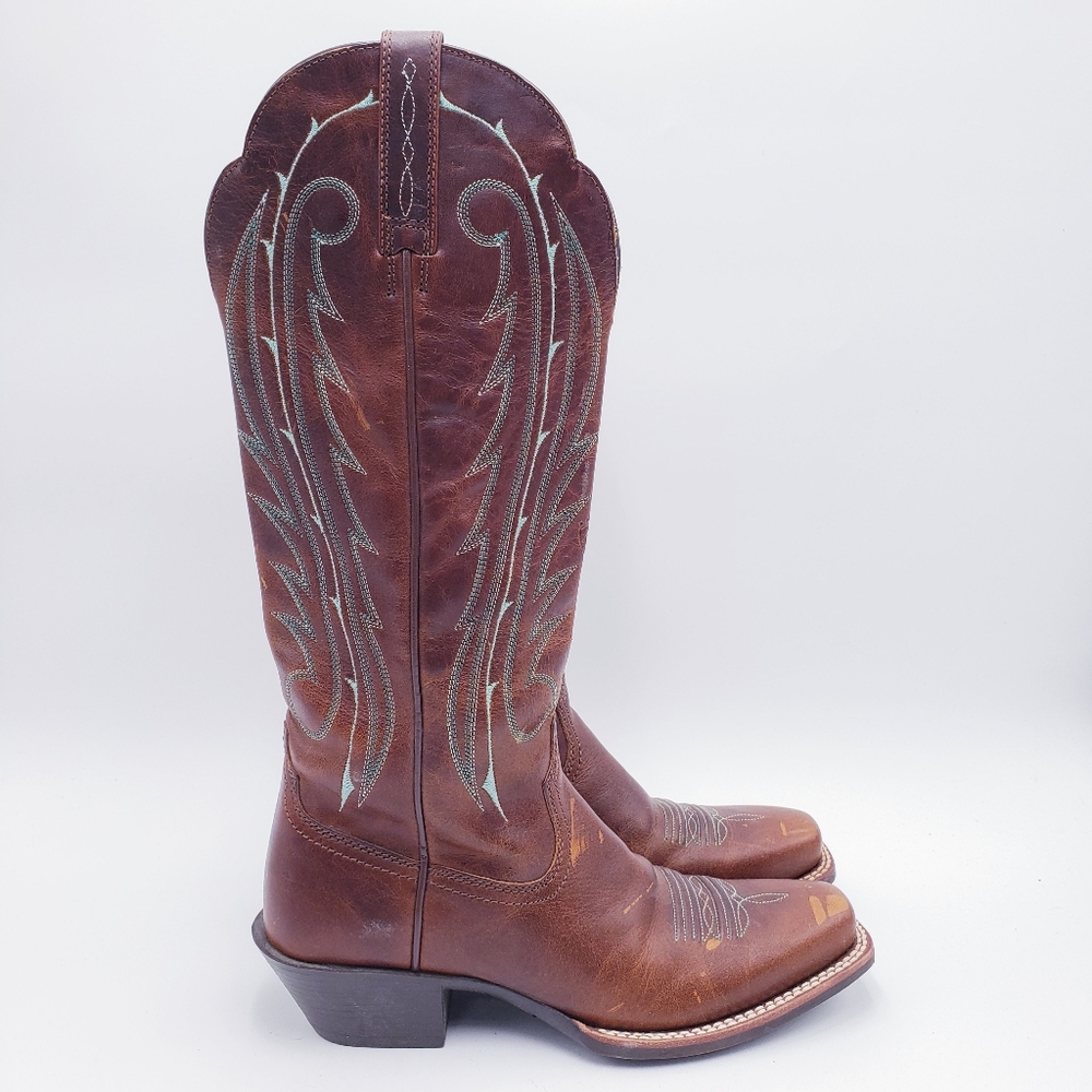 Ariat Brown Leather Western Heeled Boots with Turquoise Stitching